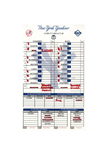 Rays at Yankees 4-07-2008 Game Used Lineup Card (MLB Auth) (Yankees-Steiner COA)